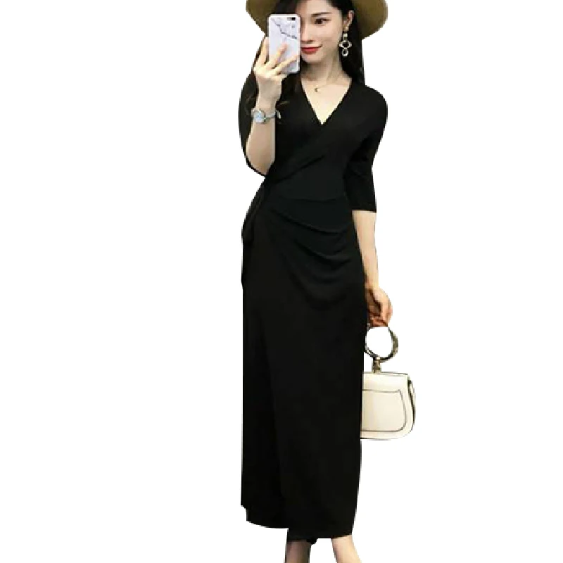 

Women's Spring Autumn Style Dress Women's Elegant Half Sleeve Solid Color V-Neck Korean Slim Dress SS3775