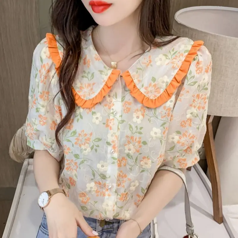 

Baby collar shirt women's summer 2021 new soft style versatile short sleeve temperament bubble sleeve Floral Top