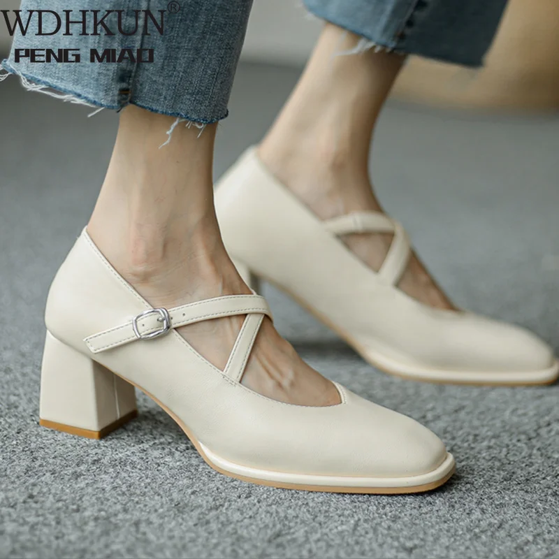 

Новинка осени 2021, новые черные туфли-лодочки из искусственной кожи, женские туфли с квадратным носком, женские туфли на среднем толстом кабл...