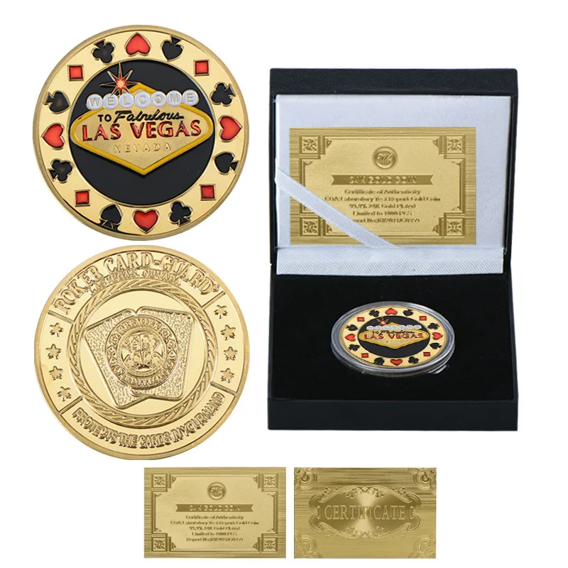 

Casino Las Vegas Poker Chips Golden Plated Challenge Coins Collectibles with Coin Holder Challenge Coin Souvenirs Original Gifts