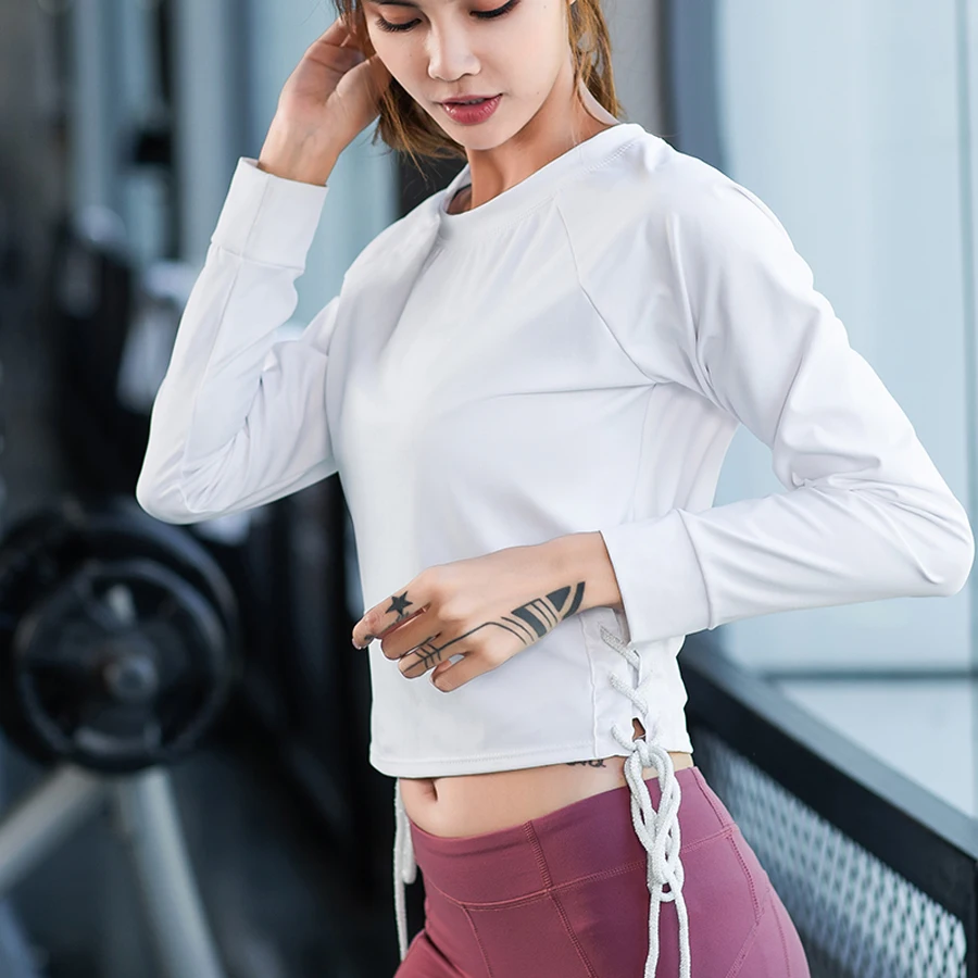 BINAND круглый воротник спортивный костюм укороченный топ крест Drawstring Йога рубашка