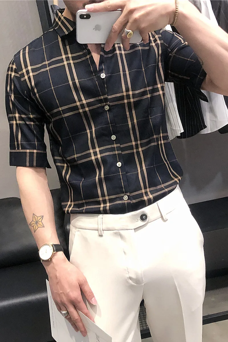 

High Quality Plaid Shirt Men Summer Half Sleeve Slim Fit Business Formal Dress Shirts Social Party Casual Male Clothing Camisas