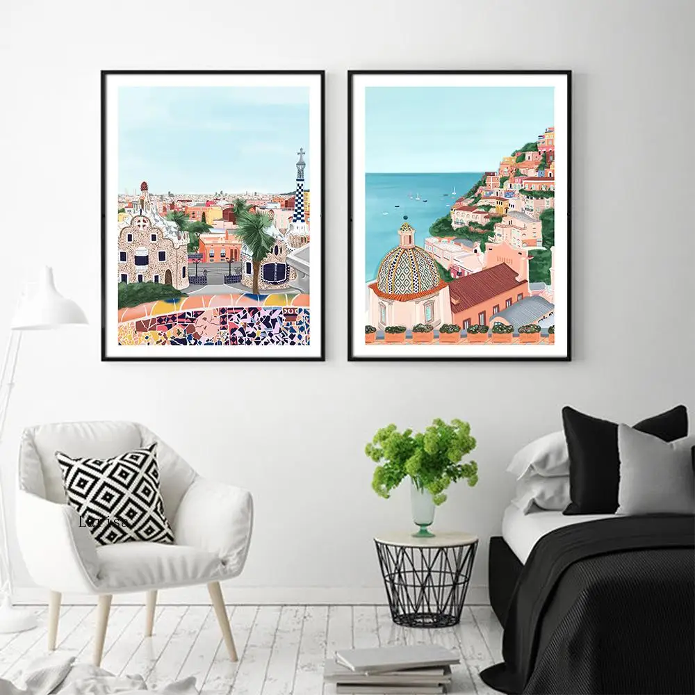 

Canvas Painting Cartoon Travel City Landscape Poster and Prints Wall Art Pictures for Living Room Home Decoration Travel Gift