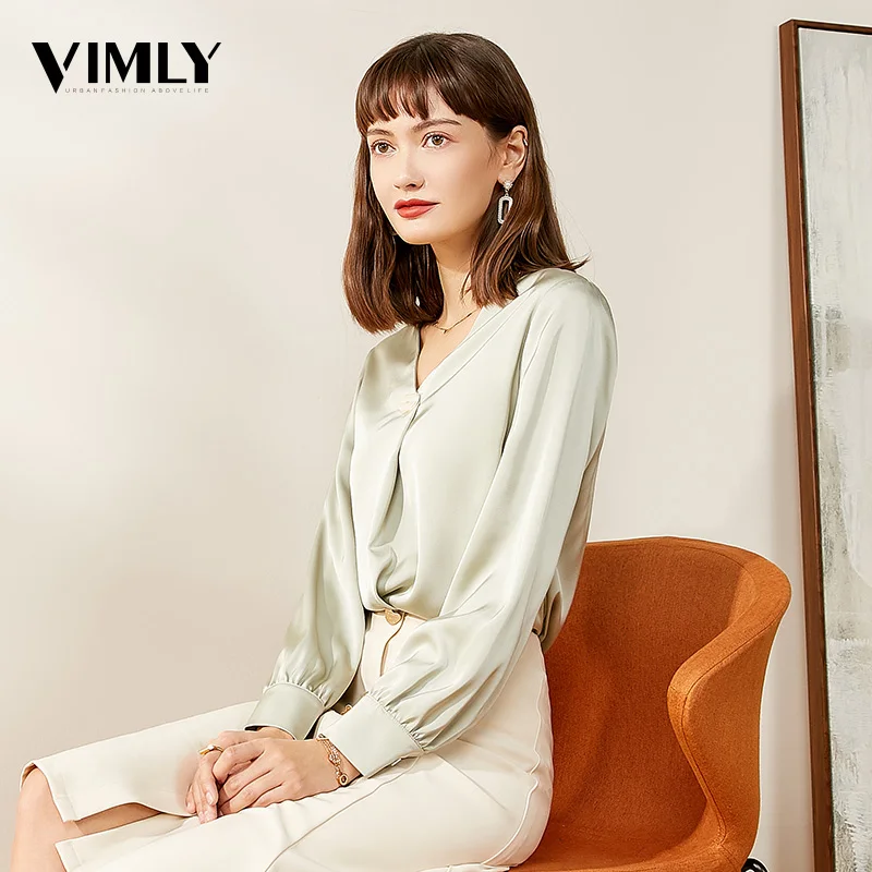 Vimly Офисная Женская Элегантная атласная блузка с v образным вырезом рубашка весна