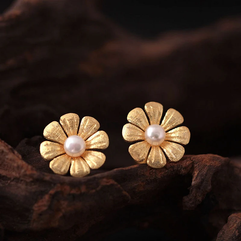 

s925 Silver Simple Natural Freshwater Pearl Stud earrings For Women Wedding Party Gold Flower White Pearl Fine Jewelry Gift