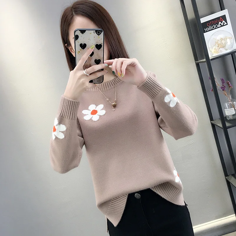 

2021 Spring Korean Floral Women Pullovers Sweaters Autumn Loose Casual O-Neck Long Sleeve Black Knitted Tops Female Sueter Mujer