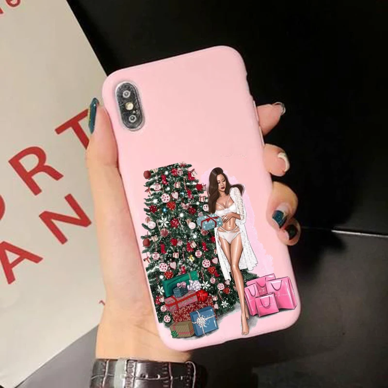 

Cartoon Christmas girl cover pink Soft phone Case For iPhone 8 7 6 6S Plus X XS MAX XR 10 11Pro MAX case