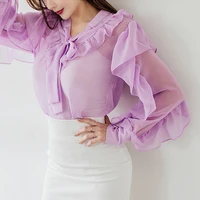 perspective casual women chiffon shirts stand collar lantern sleeve ruffled bow female tops thin blouse pullover 2021