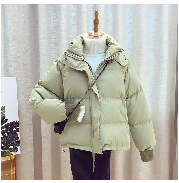 

Korean Style Winter Jacket Women Stand Collar Hodded Solid colors Female Down Coat Loose Oversized Womens Short Parka Cotton
