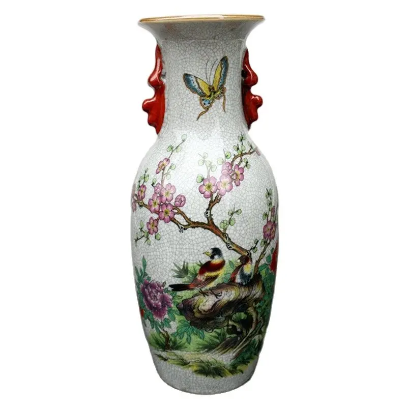 

Chinese Old Coloured Drawing Crackle Glaze Porcelain Ornaments Binaural Vase