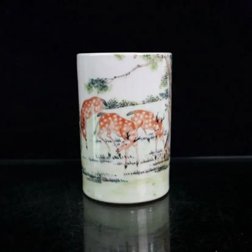 

China Pastel ceramic deer Pen holder crafts statue