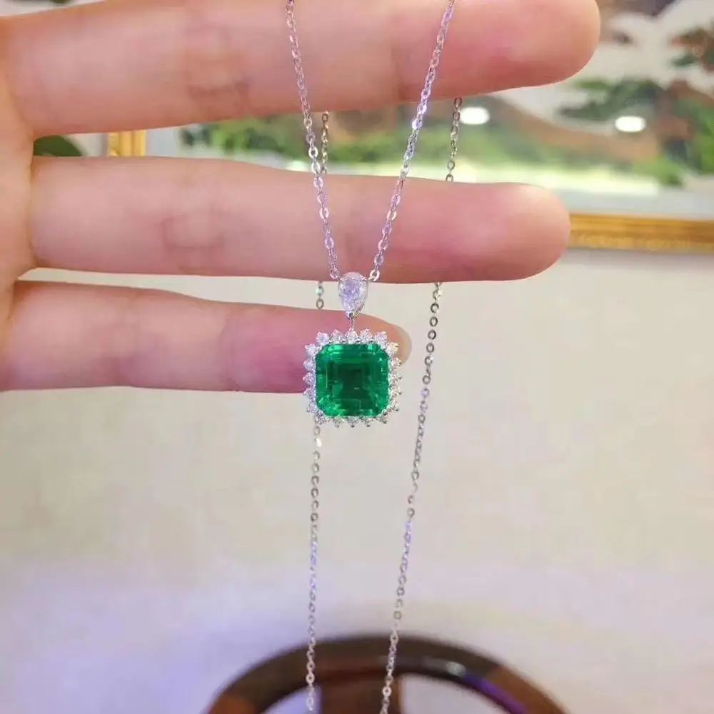

100% 925 Sterling Silver 9*9MM Emerald Gemstone Pendant Necklaces for Women Fine Jewelry Wedding Gift Necklace Wholesale