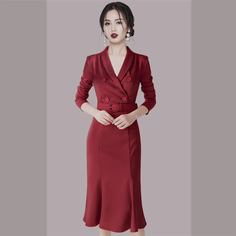

Notched Collar Office Ladies Suit Dress Women Robes High Waist Three Quarter Sleeve Slim Long Dresses Female T5021