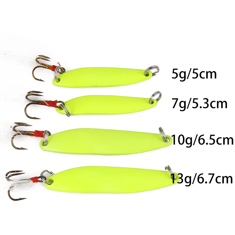 

1Pcs 5g 7g 10g 13g Luminous Spinner Spoon Metal Lures Feather Treble Hook Artificial Bait For Bass Trout Pesca Fishing Tackle