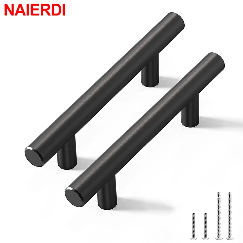 NAIERDI 20PCS Black Furniture Handle Stainless Steel T Bar Brushed Gold Kitchen Handle Cabinet Pull with Cuttable Bamboo Screw