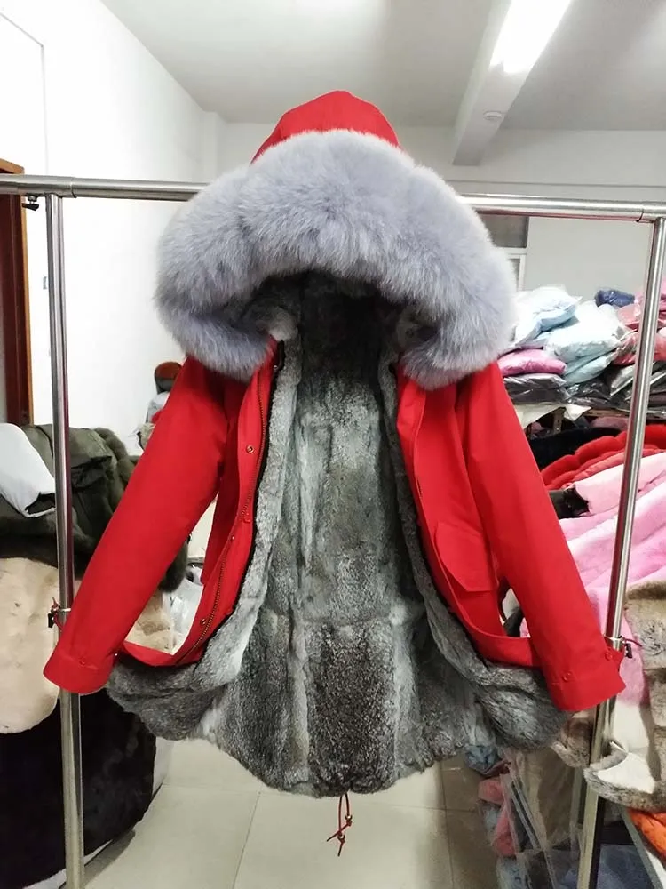 red long 2 Мужской зимний жакет Длинная парка натуральный мех Пальто Подклад мех кролика рекс Воротник мех енота Топ бренд Теплый - Цвет: red long 2