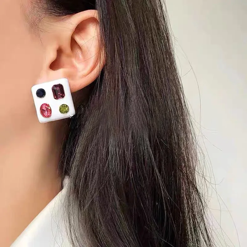 

Fashion Modern White Colorful Stones Paved Big Square Earrings For Women Personality 2021 New Jewelry Wholesale