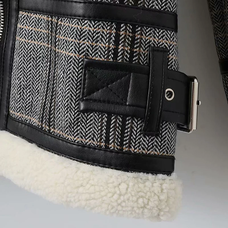 

Women Winter Short Jackets Lambswool Thick Plus Velvet Coats Cashmere Plaid Zipper Jacket Long Sleeve Outerwear Warm Casual S-L