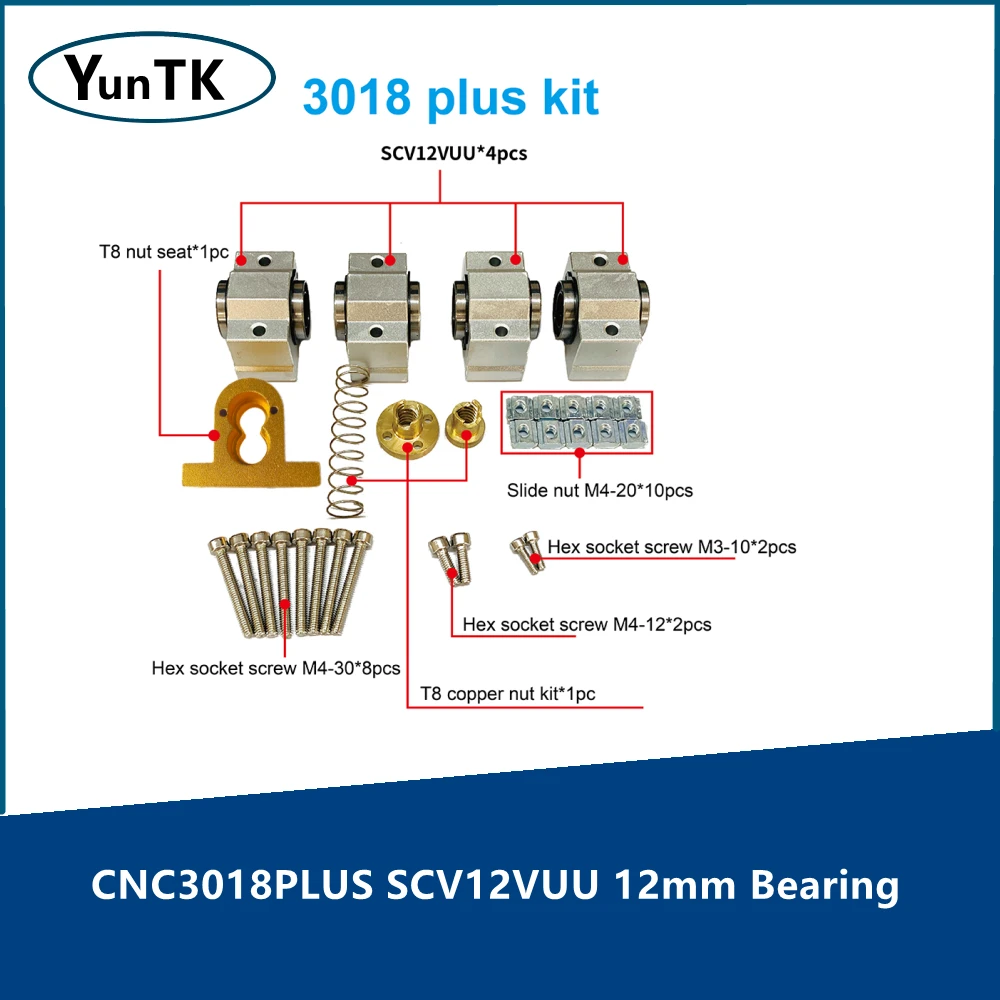

CNC 3018 SCV12VUU Bearing 12mm, 10mm for 4mm T8 Screw Lead, 12mm Bore for CNC Machine X Axis Upgrade