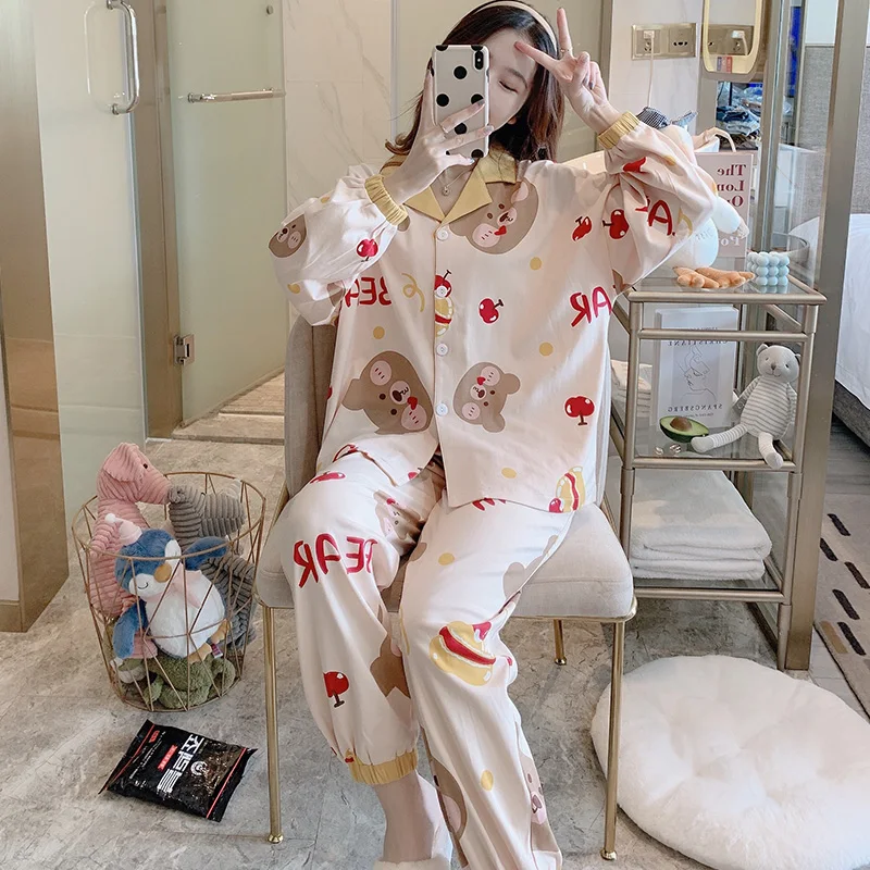 

Spring Autumn Pajamas Women's Korean Cardigan Cotton Suit Cherry Bear Thin Long-Sleeved Home Wear Summer and Winter Outdoor