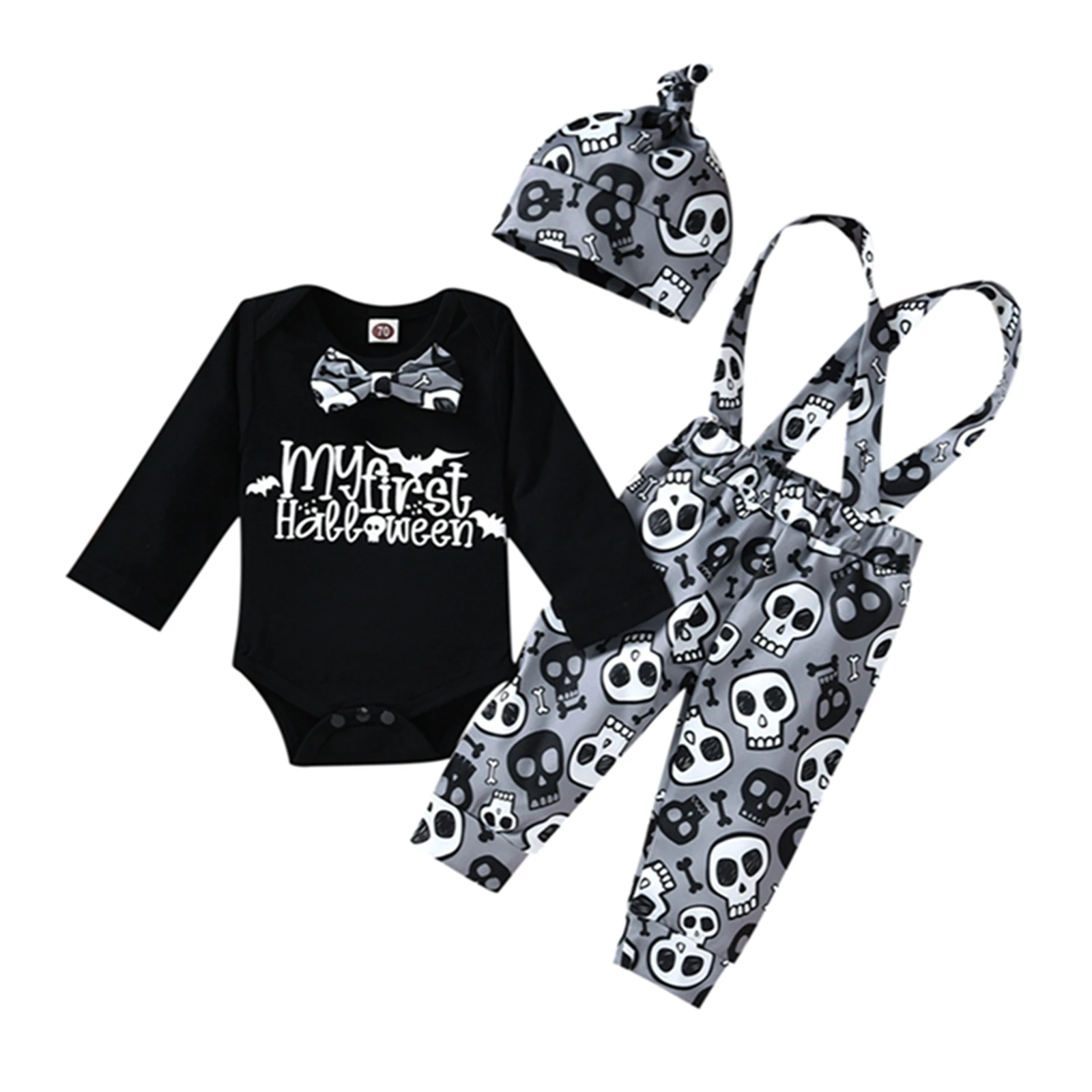 

OPPERIAYA 3Pc My 1st Halloween Outfit Long Sleeve Bodysuit Skull Bib Pants Hat Cotton Suit for Toddler Baby Boy Girl 0-12 Months