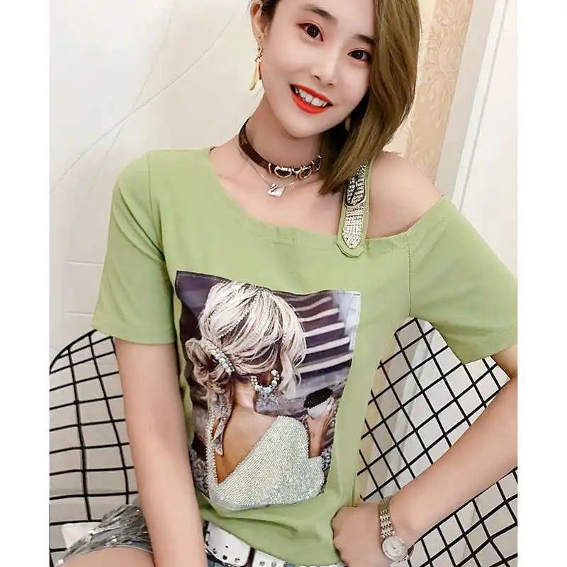 

2021 vero coreano camiseta moda impresso sexy skew diamantes mulheres mujer camisa