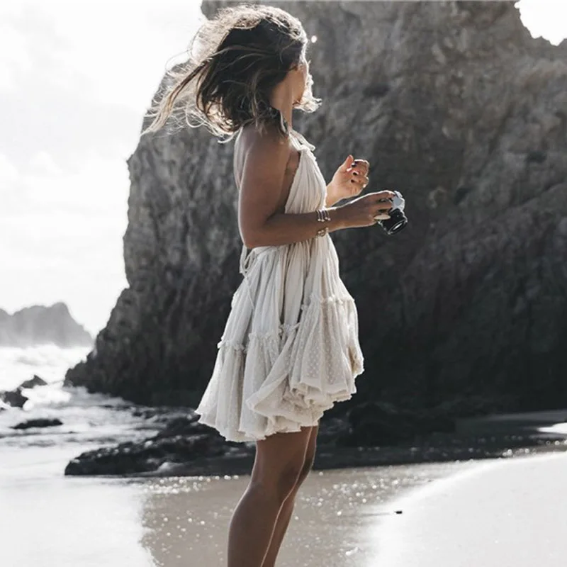 Без бретелек в стиле Бохо пляжное мини-платье женская летняя обувь богемном