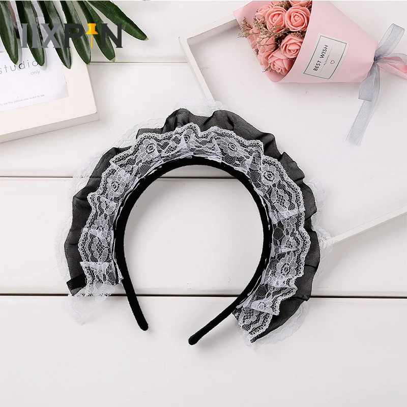 

Women Anime Maid Cosplay Hair Hoop Headwear Lace Ruffles Handmade Headband Halloween French Maid Costume Hair Accessories