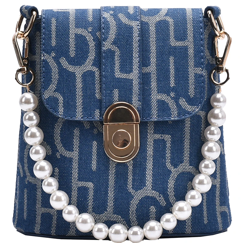 

2021 Summer Net Red New Trend Fashion Imitation Pearl Canvas Messenger Wild Ins One-Shoulder Bucket Women Niche Designer Bag