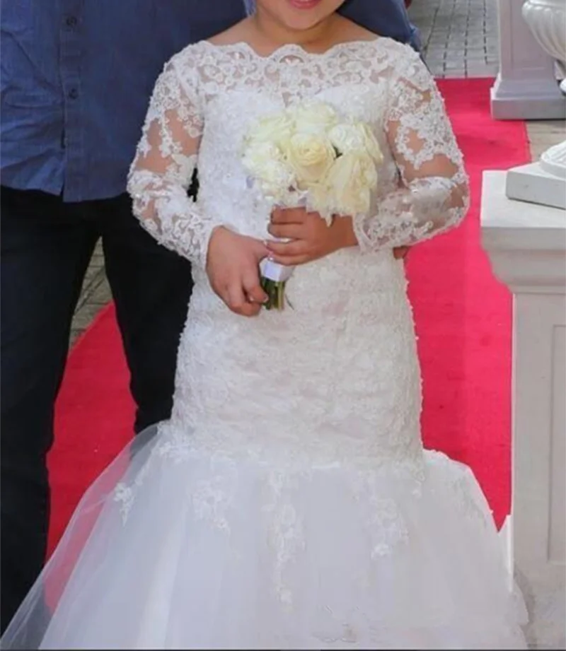 

2019 аппликация из белого кружева цветок девушки платья для свадьбы с бисером Русалка прекрасный длинный рукав первого причастия платья