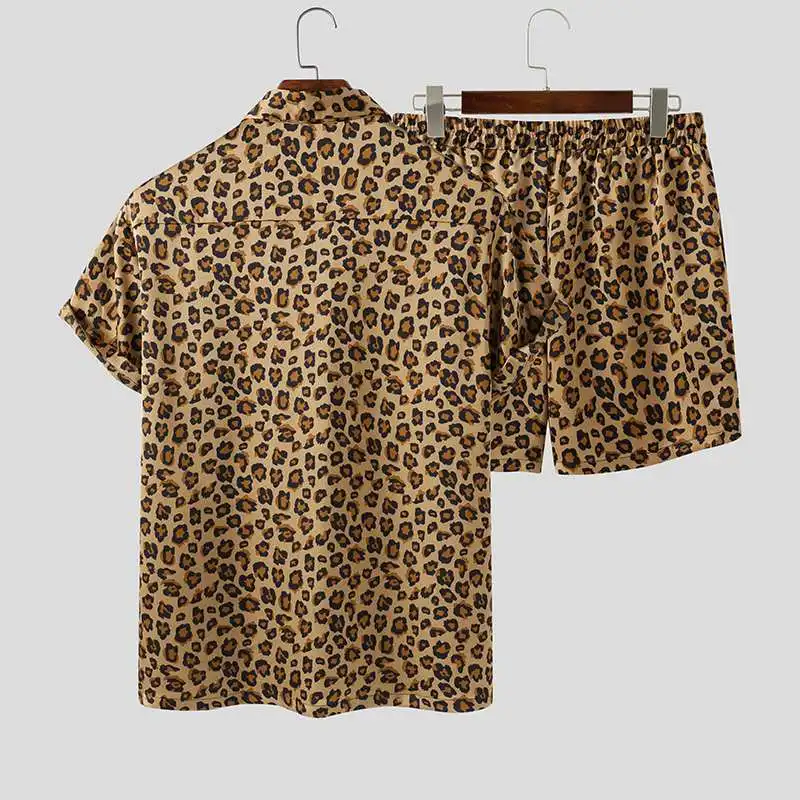 Fashion Men Sets Streetwear Leopard Print Short Sleeve Lapel Shirt Beach Shorts Hawaiian Men Suits 2 Pieces Plus Size INCERUN