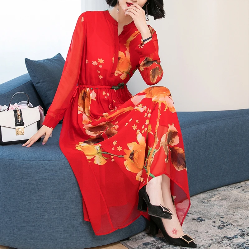 Женское длинное шелковое вечернее платье элегантное пляжное с цветочным принтом