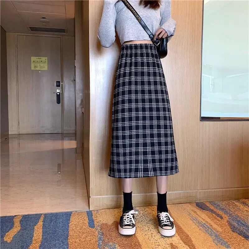 

Female Clothes Faldas Saia 2021 Spring Summer Sweet Kawaii Plaid Print A-line Skirt Women High Waist Long Skirts Jupe Femme X15