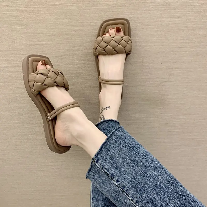

Flat Shoes Female Square Toe Low Ladies' Slippers Luxury Slides Slipers Women Designer 2021 Rome PU Fashion Basic Rubber