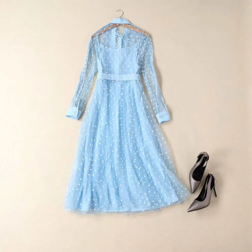 2019 spring autumn women dress blue bow long sleeve heavy embroidery mesh vintage a-line n126 | Женская одежда