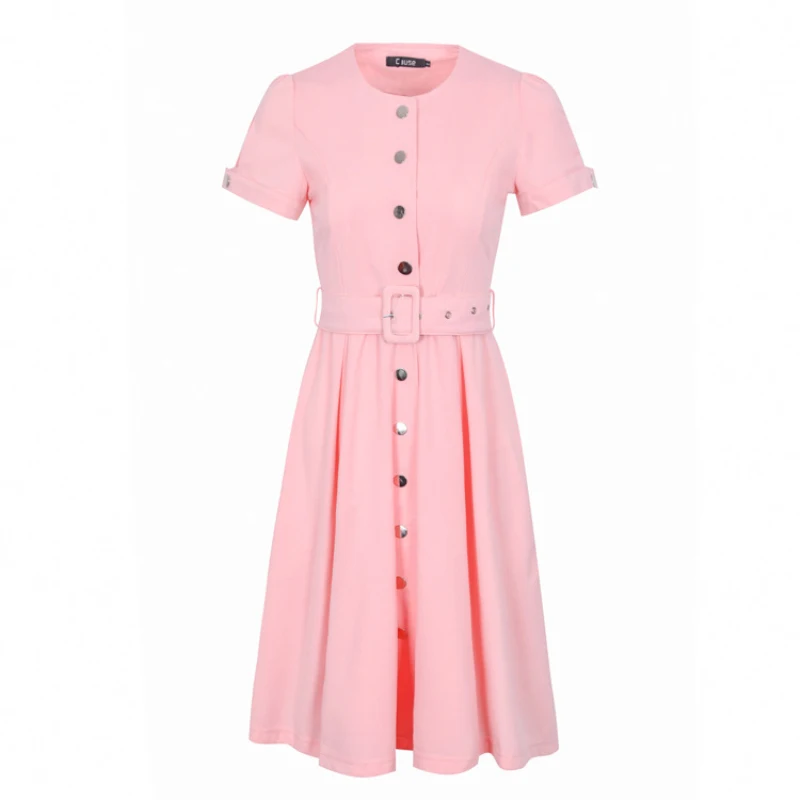 

Elegant Women Pink Button Up Belt Short Sleeve Casual A Line Dress