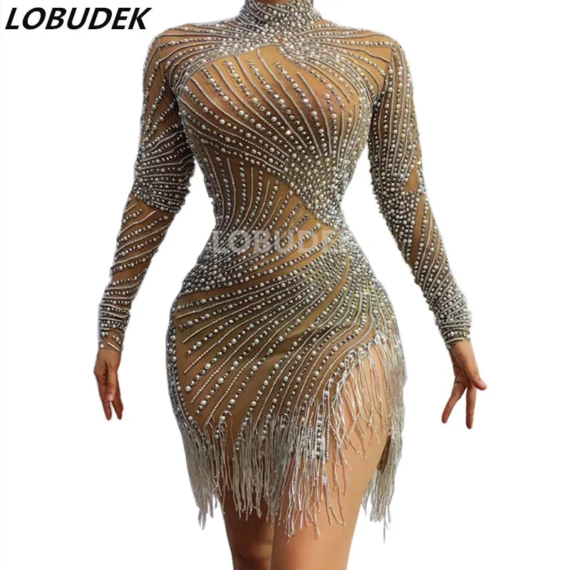 

Women Singer Host Stage Dance Dress Sexy Transparent Glitter Rhinestones Pearl Tassel Mini Dress Party DJ Latin Dance Slit Dress