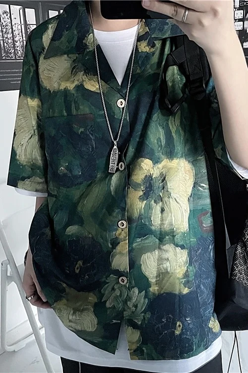 

Green Oil Print Floral Boyfriend Shirts Blouse Women Short Sleeve Casual Loose Tops