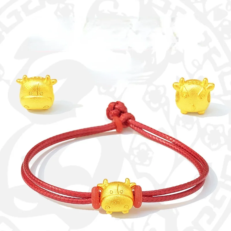 

24K Yellow Gold Color Bracelet Taurus Zodiac Bracelet Women Year of The Ox Couple 999 Brass Sand Gold Wax Leather Cord Bracelet