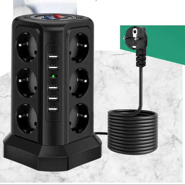 Tower Multi Power Strip Vertical EU Plug 12 Way Outlets Sockets with 5 USB Overload Protector Switch Multiple Vertical Power Str 4