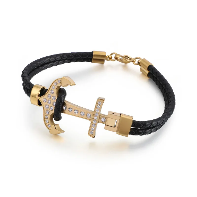 

Европейский и американский модный кожаный браслет с якорем из титановой стали в стиле ретро мужские трендовые ювелирные изделия из нержаве...