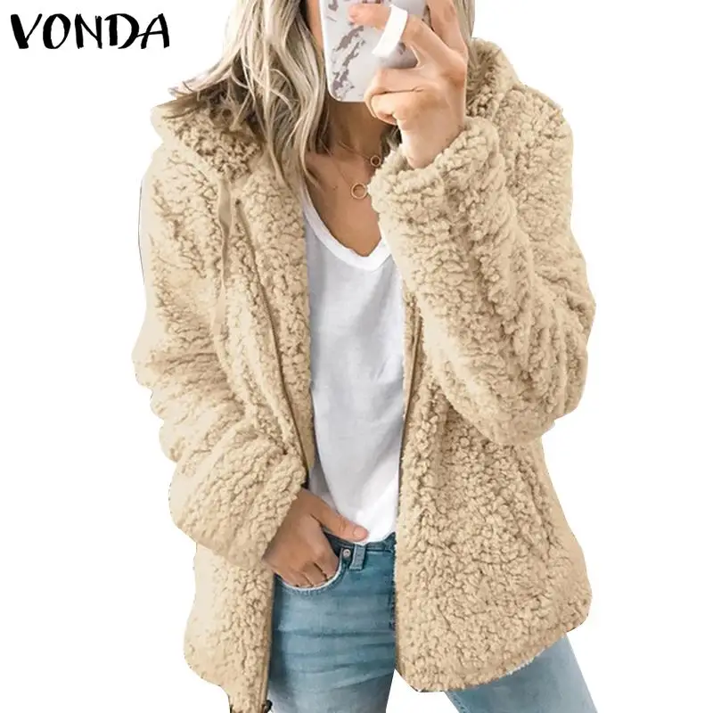 Khaki VONDA/женские пальто из искусственного меха, куртки, Осень-зима, пальто с капюшоном,, на молнии, с длинным рукавом, утепленный флисовый кардиган, пальто, большие размеры - Цвет: Khaki