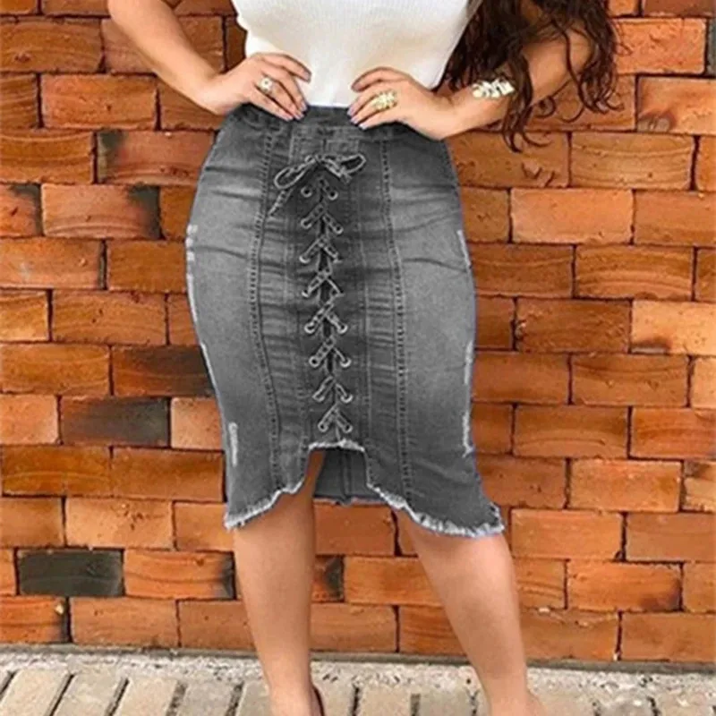 

Summer Denim Skirt Women Fashion High Wasit Denim Bow Tie Sexy Slim Fit Hole Ripper Jeans Plus Size Solid Color Female Skirts