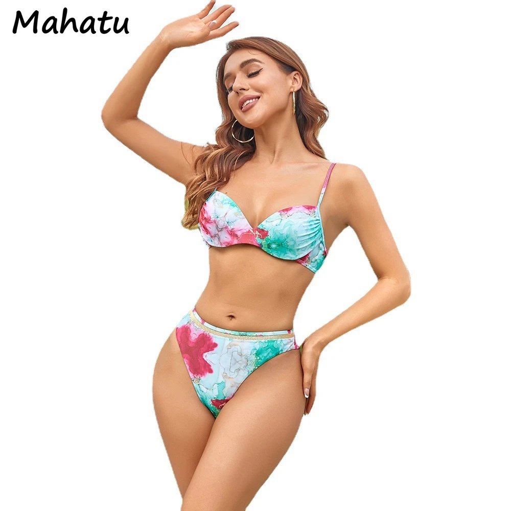 

Woman Swimsuit Sexy Two Pieces Bikini Set print Floral briefs swimsuit 2 Pcs women sexy Blue New Swim wear Beach suit