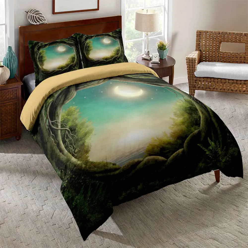 

Forest Springtime Freshness Theme Bedding Set Woodland Design Duvet Cover for Kids Boys Girls Sunrise Comforter Cover