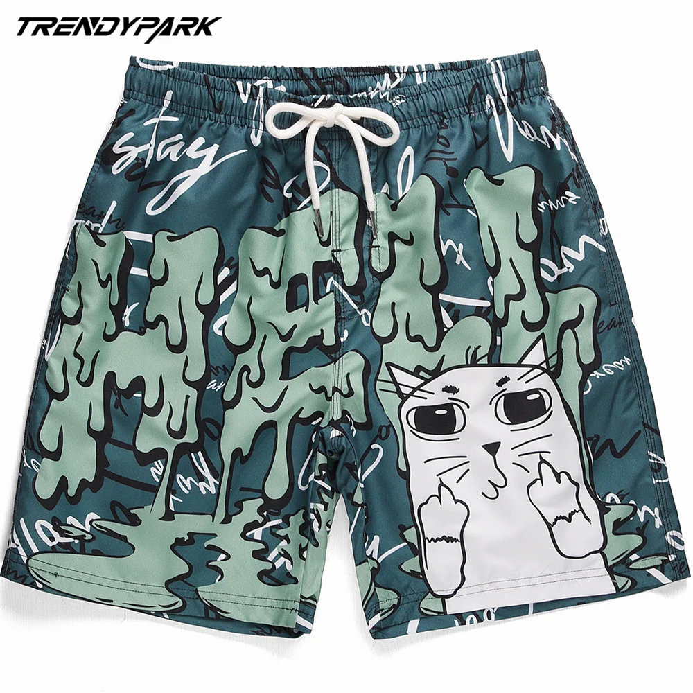 

Men's Short Funny Cartoon Cat Printed Summer Hip Hop Oversize Pockets Streetwear Harajuku Sweatpant Drawstrings Casual Shorts