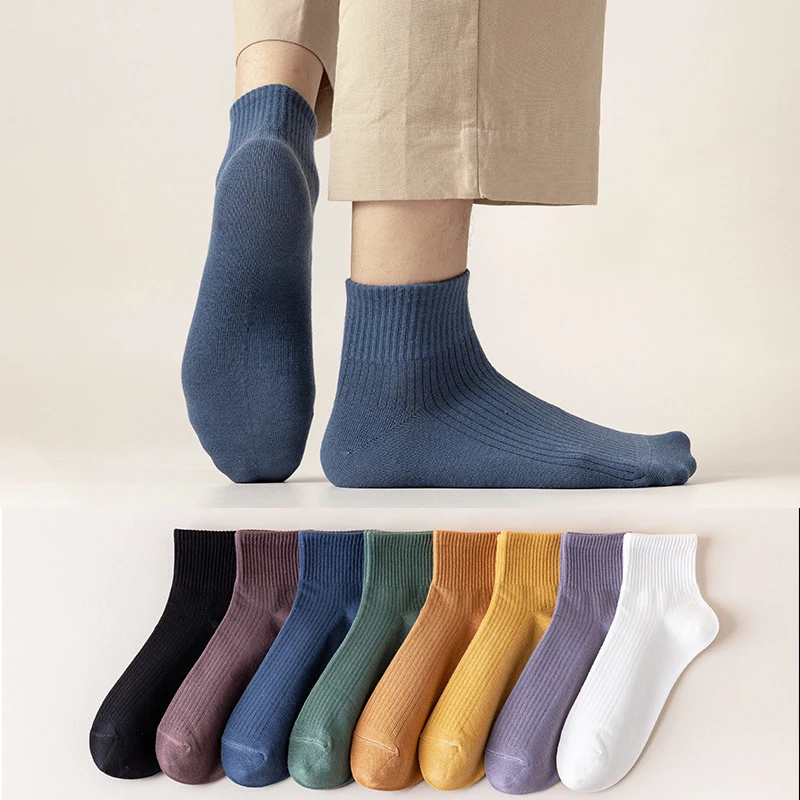 5 Pairs Pack Japanese Style Men Classic Solid Color Basic Middle Tube Casual Cotton Rib Socks Set Winter Autumn Breathable Sox