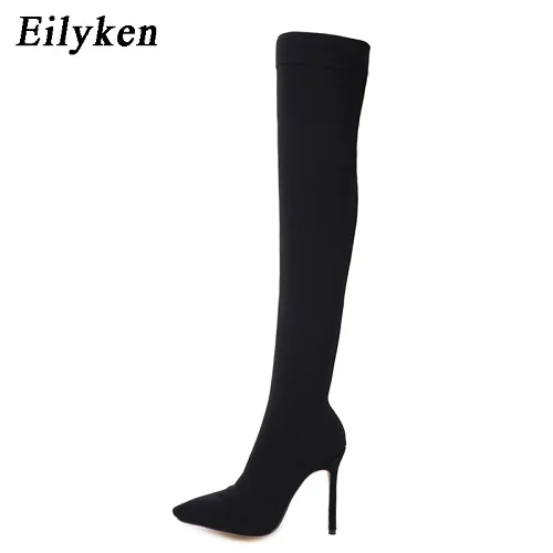 Black 12CM Eilyken/женские ботфорты выше колена пикантные сапоги на высоком каблуке, без шнуровки, с острым носком, из эластичной ткани модная обувь ручной работы 7 см, 12 см - Цвет: Black 12CM