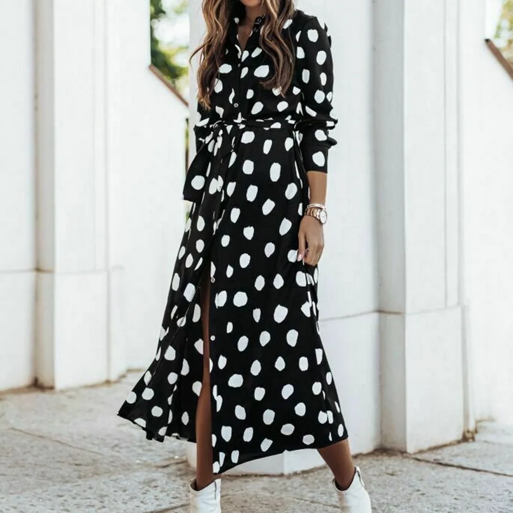

Dresses Ladies Fashion Printed Polka Dot Chiffon Long Sleeve Maxi Dress Boho Casual Vintage Solid Color Dress Women Elegant