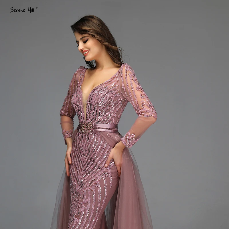 Blue Dubai Luxury Sequined Sparkle Evening Dresses Long Sleeve Beading Evening Gowns Serene Hill Plus Size LA60858